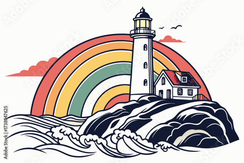 Lighthouse on rocky coast with rainbow and sunset ocean