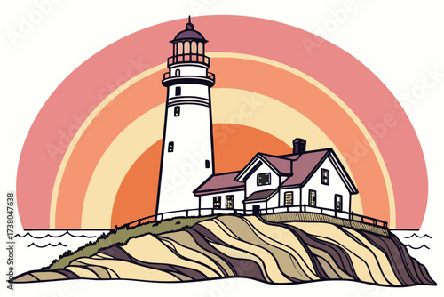 Lighthouse on rocky coast with rainbow sunset ocean