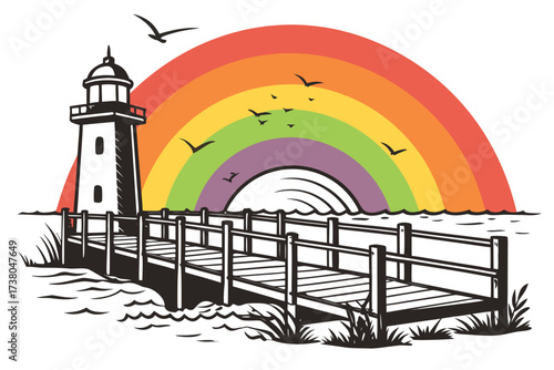 Lighthouse pier rainbow sunset vector art ocean