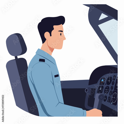 Male pilot operating controls in an aircraft cockpit. Professional aviator in uniform flying a plane, vector illustration of aviation career.