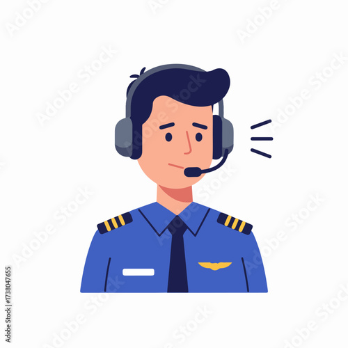Cartoon illustration of a male pilot or flight dispatcher wearing a headset and uniform, engaged in communication.