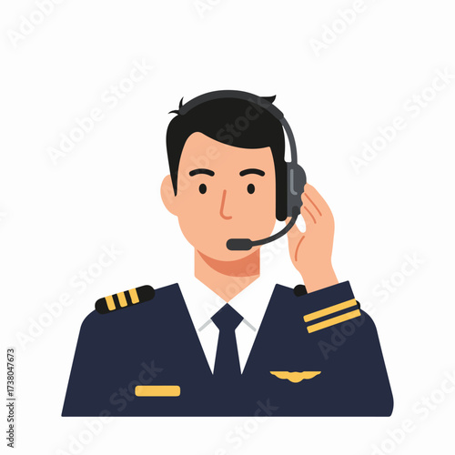 Aviation professional: Male pilot illustration in uniform with headset, representing flight, communication, and air travel.