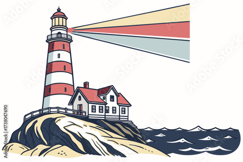 Lighthouse with colorful beams on a rocky cliff by the sea 1