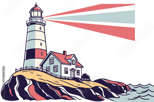 Lighthouse with colorful beams on a rocky cliff by the sea