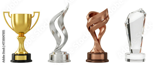 Set of trophies in gold, silver, bronze, and glass. Isolated on transparent background, png
