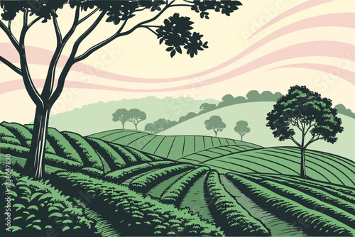 Lush green tea fields with rolling hills and trees