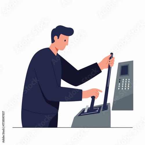 Man operating complex industrial machinery with levers and buttons, demonstrating control and technical skill in a modern flat vector illustration.