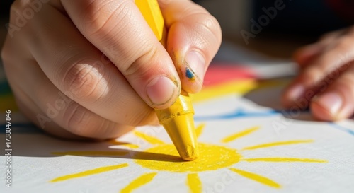 Child's hand coloring a yellow sun