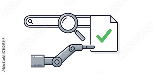 automated data analysis ai powered robot arm reviewing digital documents with green check search bar tech perfect for automation  ai