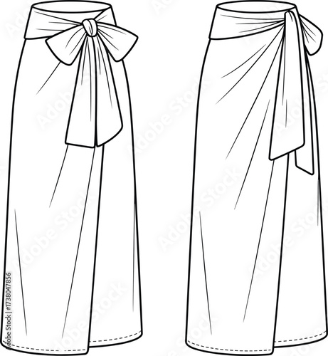 Wrap skirt design, long flowy skirt, tied waist bow, front overlap style, fashion flat sketch, CAD drawing, flat vector illustration