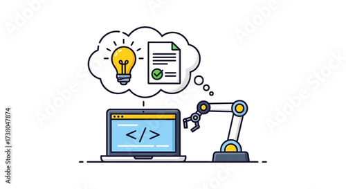 automated software development with robotic arm automating tasks on laptop symbolizing efficiency and modern tech solutions perfect for it industry blog