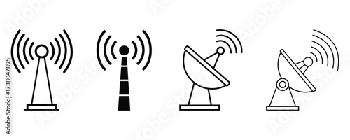 Outline icon set of communication towers and satellite dishes. Minimal vector line design for wireless signal, network, and telecommunication.