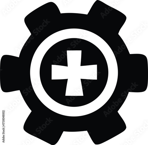 Black gear with white cross symbol representing healthcare technology innovation and medical engineering solutions