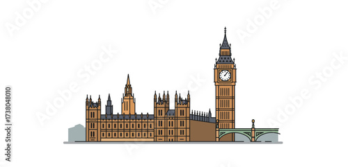 Big Ben illustration iconic Elizabeth Tower clock against Houses of Parliament for UK travel London landmark perfect for tourism campaign