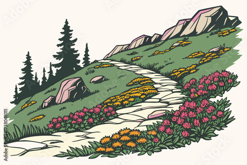 Mountain path with colorful flowers and pine trees