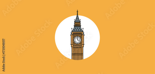 Big Ben illustration the iconic clock tower in a white circle against a bright background representing London landmarks and travel destinations.