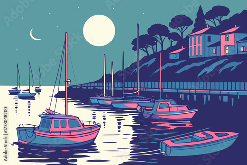 Night harbor with boats and moon water