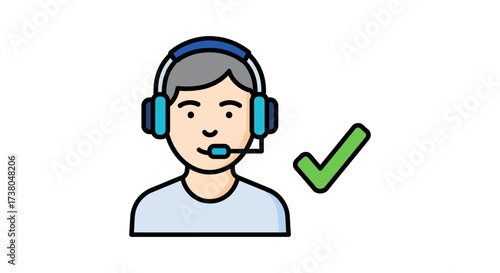 Friendly customer service agent with a headset providing assistance validated with a checkmark suitable for online support and tech help concepts.