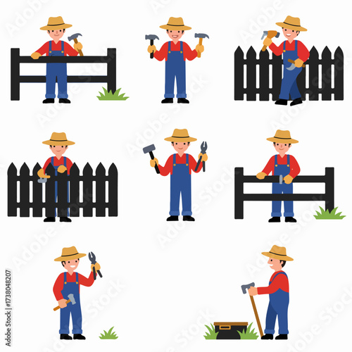 Cartoon handyman or farmer character set illustrating various tasks like building and repairing fences with hammers, pliers, and an axe on a white background.