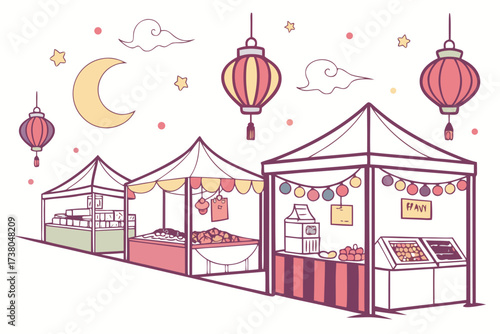 Night market stalls with lanterns and moon stars