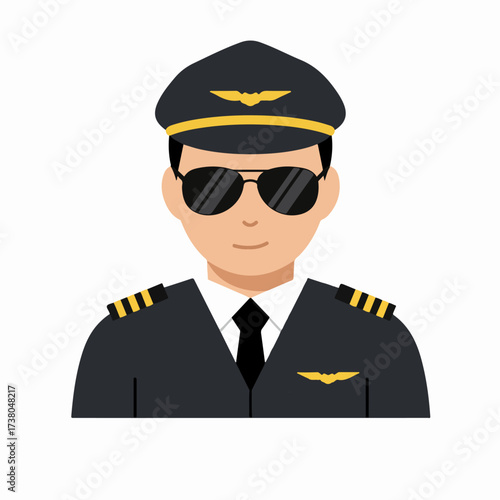Professional airline pilot wearing uniform and sunglasses, a simple flat vector illustration on white background.