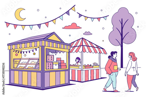 Night market stalls with colorful lights and people