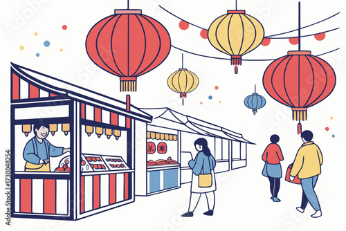 Night market with colorful lanterns and stalls vector