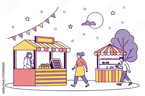 Night market with colorful stalls and people vector