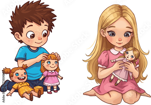 Cute cartoon illustration of happy boy playing with dolls and smiling blonde girl in pink dress holding toy doll, childhood vector