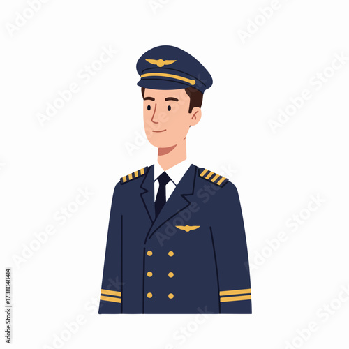 Smiling male pilot in dark blue uniform with captain's hat, professional aviation career character illustration on white background.