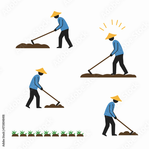 Flat design vector of a farmer in a conical hat working the land with a hoe, symbolizing agriculture, cultivation, and innovation.
