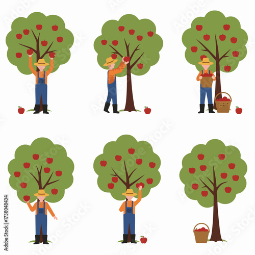 Illustration of farmers harvesting red apples from apple trees, collecting them in baskets, depicting a cheerful and productive autumn orchard scene.