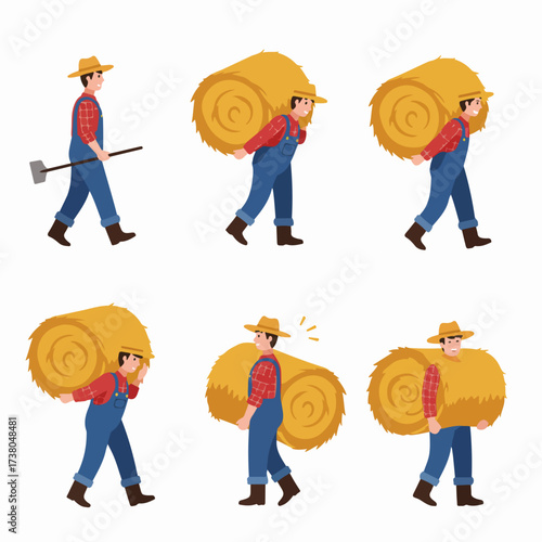 Cartoon farmer in various poses, carrying and handling large hay bales, illustrating agricultural work and farming tasks.