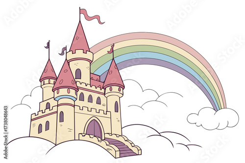 Pastel fantasy castle with rainbow and clouds vector 1