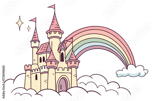 Pastel fantasy castle with rainbow and clouds vector 2