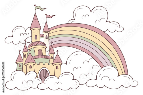 Pastel fantasy castle with rainbow and clouds vector 3