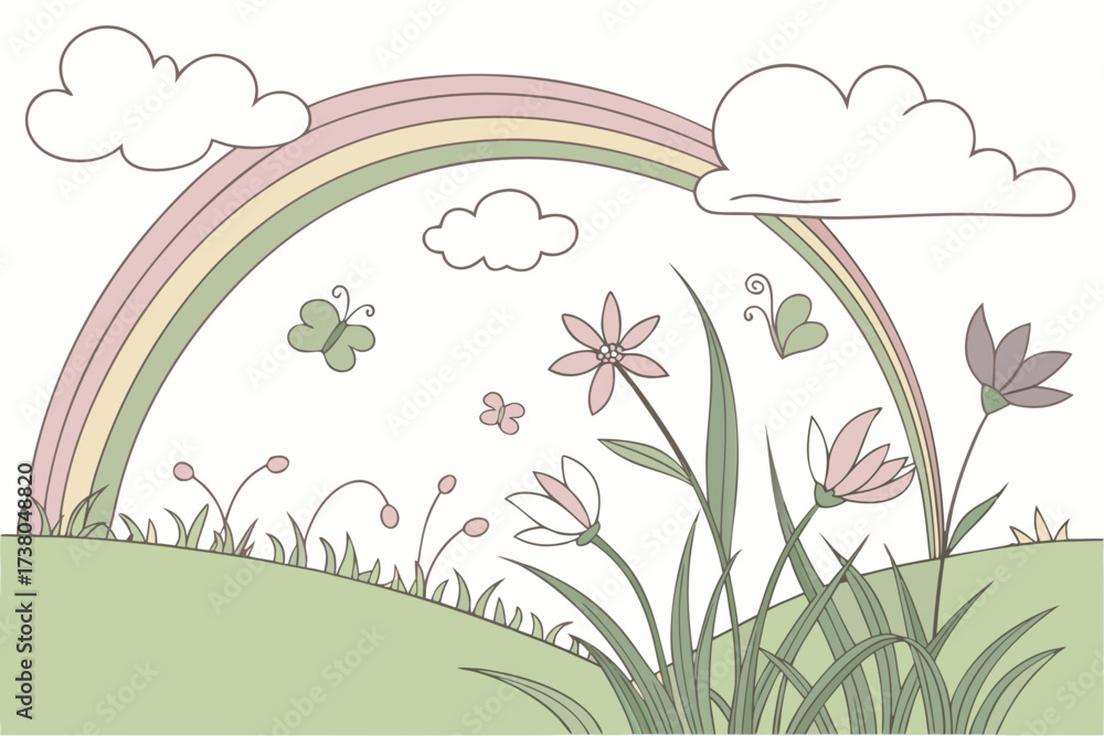 Obraz premium Pastel rainbow over grassy meadow with flowers and butterflies