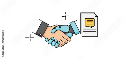 Human and ai collaboration handshake sealing a deal with digital contract for innovation and efficiency in business process automation.