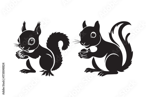 Two black silhouette squirrels holding nuts in a stylized illustration