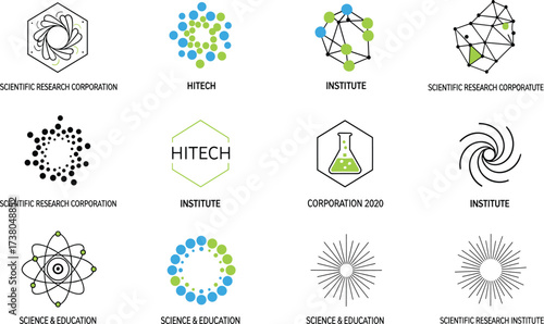 Collection of science research institute logo icons, technology symbols, innovation design, laboratory education vector set, modern scientific corporate branding illustration