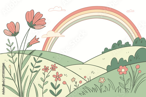 Pastel rainbow over rolling hills with flowers meadow