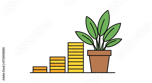 investment growth concept stacks of coins and potted plant showing increasing value ideal for financial planning and sustainable business practices.