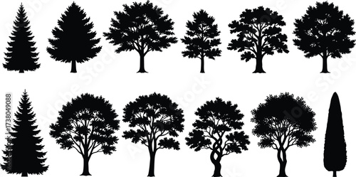PrintTree silhouettes vector, black tree icons, natural forest illustration, botanical clipart collection, isolated tree shapes, plant design set, landscape elements