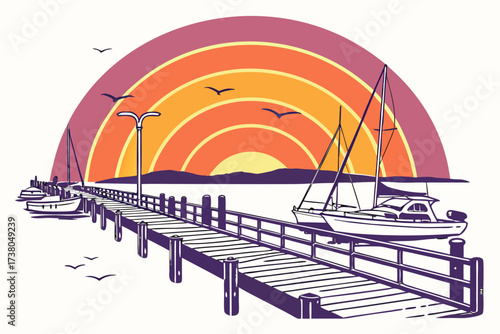 Pier with sailboats at sunset vector art ocean water