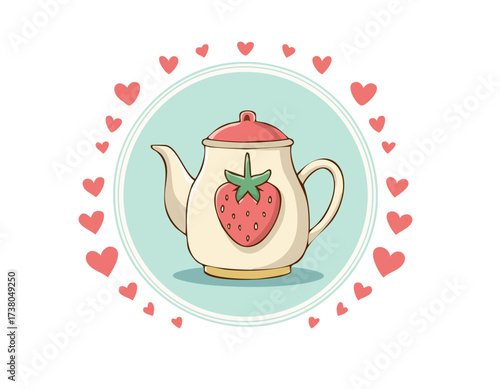 Wallpaper Mural Cute teapot with a strawberry design, surrounded by pink and red hearts. Sweet romantic illustration, perfect for tea lovers, Valentine’s Day, and cozy decor Torontodigital.ca