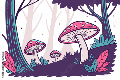 Pink and blue glowing mushrooms in a purple forest