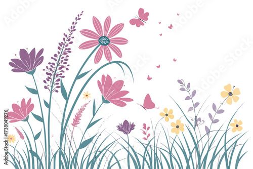 Pink and yellow wildflowers with butterflies on white background