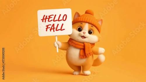 Cute Cartoon Cat Wearing a Fall Hat and Scarf Holding a 