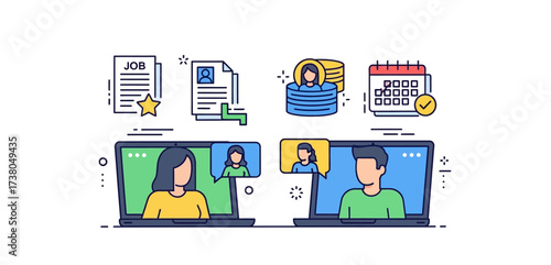 Online job interview professionals connecting remotely over laptops to discuss career opportunities and scheduling ideal for recruitment platform marketing.