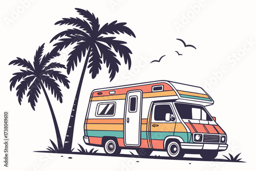 Rainbow camper van parked under palm trees with birds